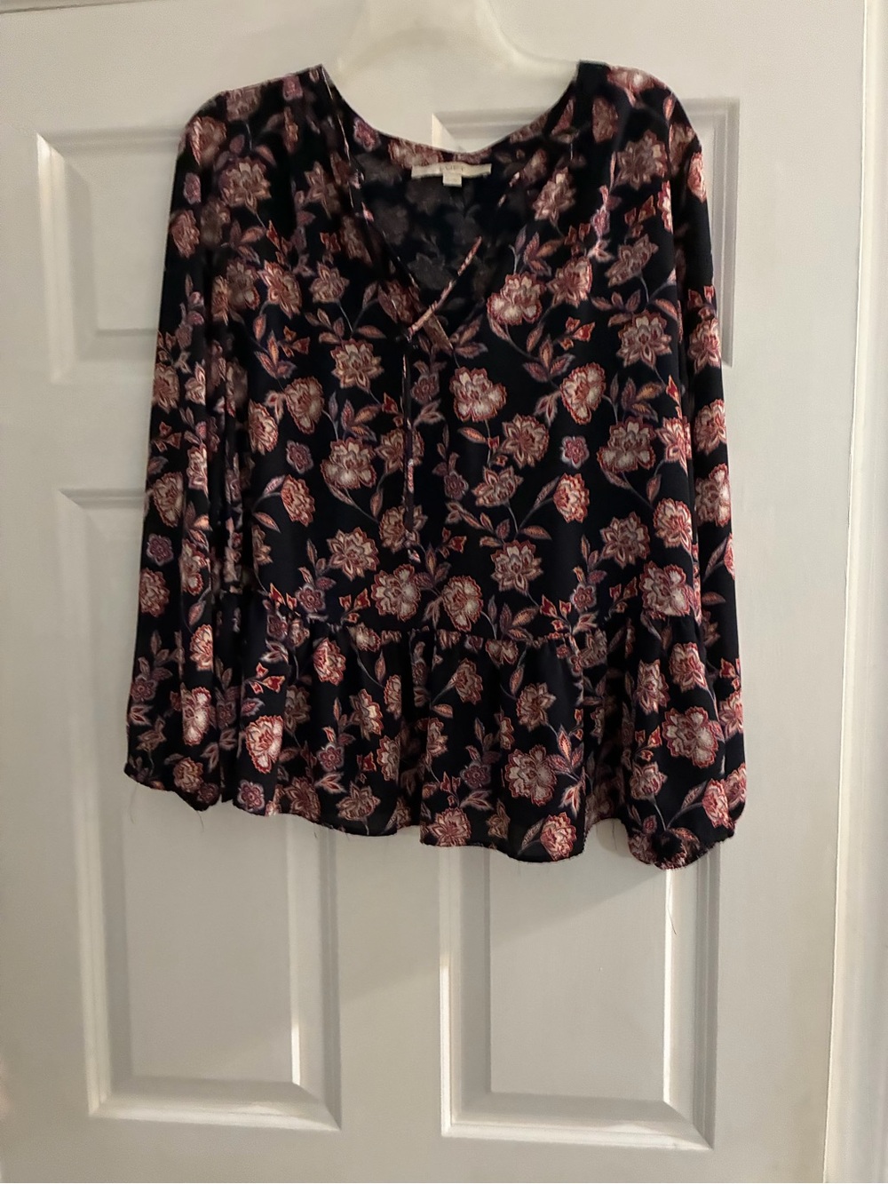 LOFT Navy Floral V-Neck Peplum Blouse with Pink Accents